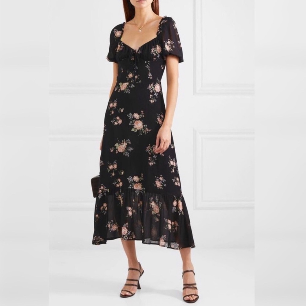Reformation Black Cabernet Pink Floral with Green, Midi Dress, Size 2